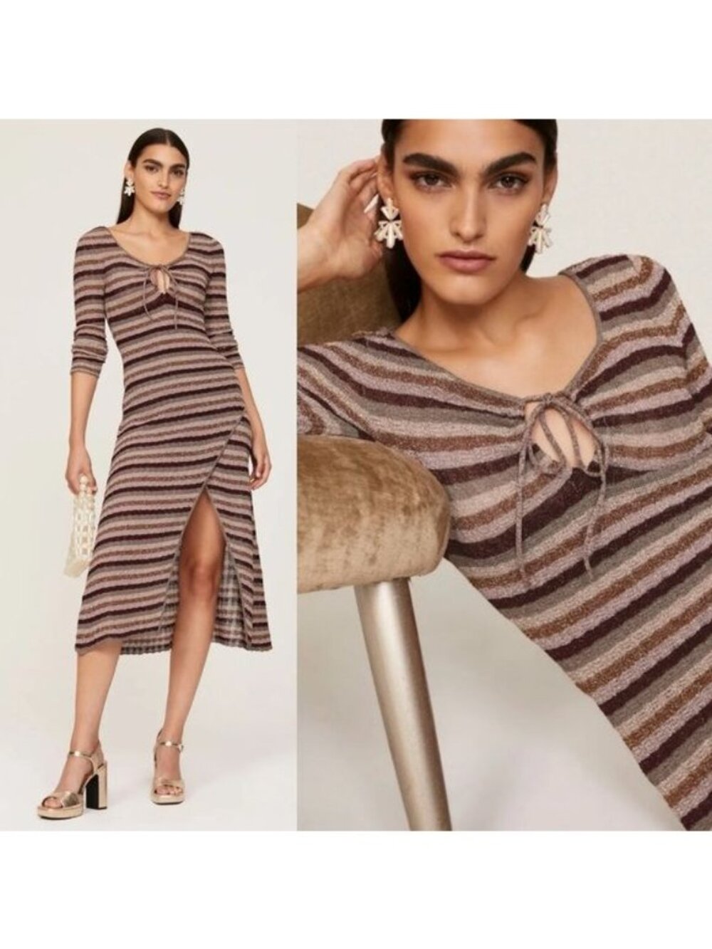Misa Los Angeles Striped Knit Midi Dress in Brown and Taupe